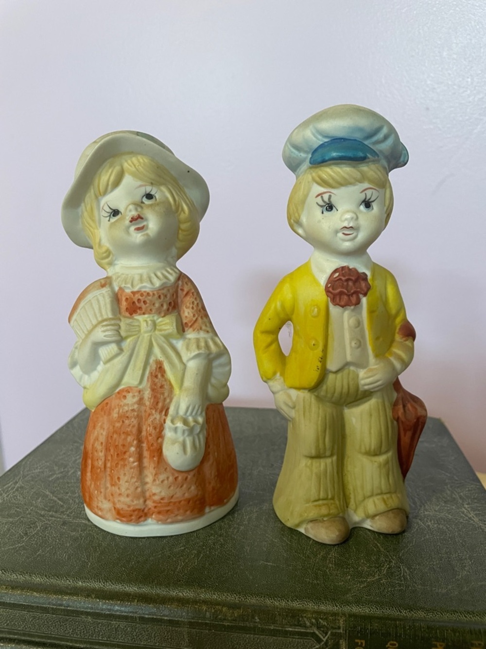 Vintage Ceramic Boy and Girl Figurine Set in Yellow and Orange